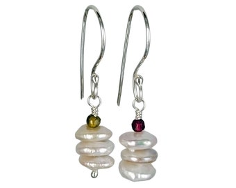 White Coin Pearls with Red and Green Garnet Earrings, June Birthstone, January Birthstone