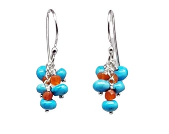 Blue Turquoise and Orange Carnelian Cluster Earrings, Southwestern Style, December Birthstone