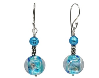 Murano Dichroic Glass Earrings in Blues and Aquas, Eye-Catching and Fun