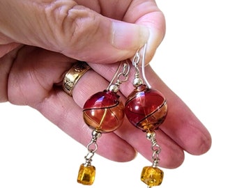 Playful Murano Glass Hot Air Balloon Earrings in Red-Orange and Yellow, Statement Earring, Unique Gift