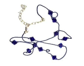 Tin Cup (Floating Station) Necklace with Cobalt Blue Crystals on Deep Blue Silk