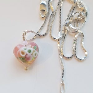 Pink and White Murano Glass Heart Pendant on Sterling Silver Chain, Petite 13 mm