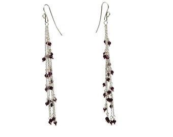 Long Garnet and Sterling Silver Waterfall Earrings, January Birthstone