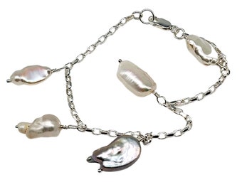 White Biwa Pearl and Sterling Silver Charm Bracelet, June Birthstone