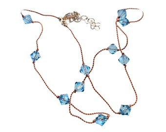 Tin Cup (Floating Station) Necklace with Pale Blue Crystals on Brown Silk