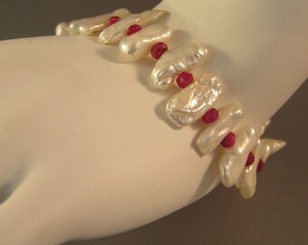 Freshwater Pearl and Ruby Bracelet: Sterling Silver Clasp, June July Birthstone