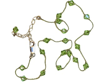 Tin Cup Necklace with Green Crystals on Green Silk