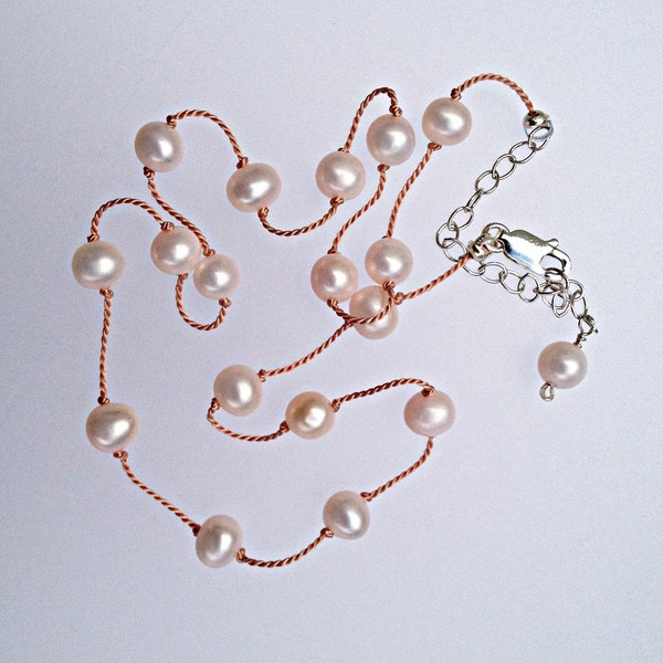 Pink Pearl Tin Cup (Floating) Necklace on Pink Silk for Adult or Child, June Birthstone