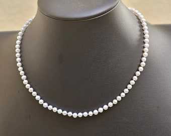 Petite White Freshwater Pearl Necklace Hand-knotted on Lavender Silk, June Birthstone