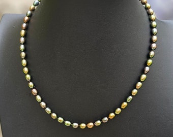 Golden Olive Freshwater Peacock Pearl Necklace Hand-Knotted on Gray Silk