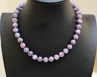 Natural Pink Tourmaline with Pink Lepidolite Necklace Hand-knotted on Pale Purple Silk