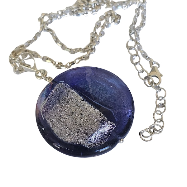 Striking Dichroic Murano Glass Pendant on Sterling Chain, Two-Sided - Four Block Colors, Purples, Reds, Silver, Blues