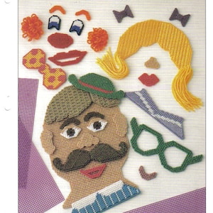 May include: A craft kit for making a face game. The kit includes pieces for a clown, a girl, and a man. The pieces are made of plastic canvas and are brightly colored. The kit includes instructions for assembling the faces.