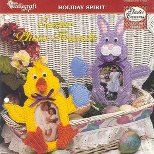 May include: A handmade Easter-themed photo frame set featuring a yellow chick and a purple bunny. The chick has an orange beak and feet, and the bunny has blue ears and paws. The frames are displayed in a wicker basket with Easter eggs.