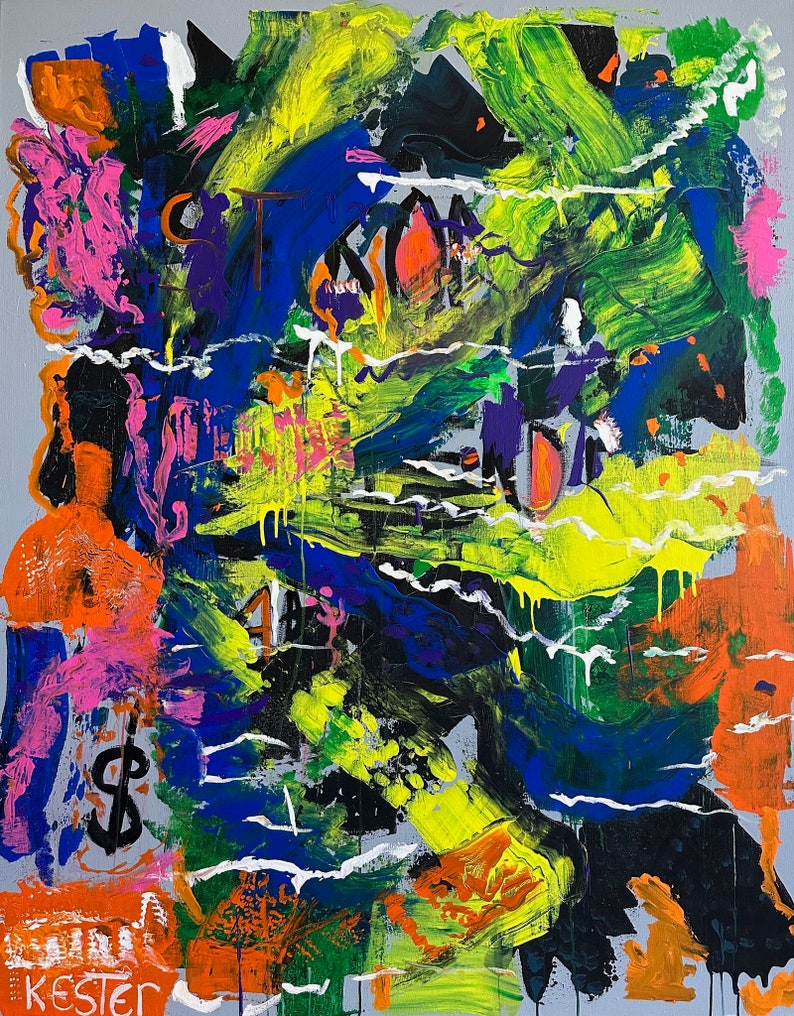 Pode incluir: Pintura abstrata com cores vibrantes, incluindo amarelo, verde, azul, rosa, laranja e preto. A pintura tem um aspecto texturizado e em camadas e inclui a palavra "Kester" no canto inferior esquerdo.