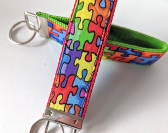 Key Fob Key Chain Wristlet in Puzzle Pieces - Autism Awareness