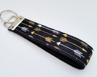 Keychain Wristlet Key fob - Arrows in Metallic Gold, White and Black