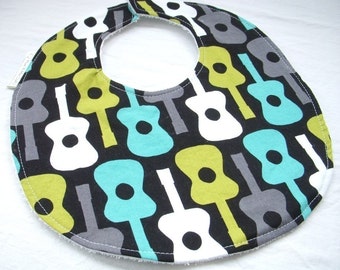 Baby Boy Bib - Groovy Guitars in Lagoon - terry cloth backing w snag free hook and loop closure