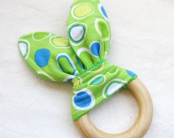 Natural Wooden Teether with Crinkles - Lime and Blue Dots with Minky dot backing - New Baby Gift - Natural Teething