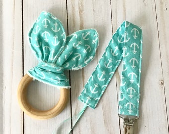 Natural Wooden Teether w Crinkles and Pacifier/Toy Clip - Anchors aqua - neutral baby gift