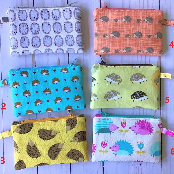 Mini Zipper Case - Hedgehogs  - Cotton zipper case 3.5" x 5.5" with 4" zipper