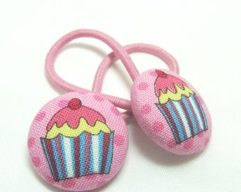 Ponytail holder Hair Ties - Cupcakes with a Cherry on Top - fabric covered button hair ties