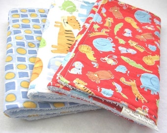 Baby Boy Burp Cloth Gift Set - Oh Boy Animals - 3 coordinating burp pads in designer cotton with terry cloth backing