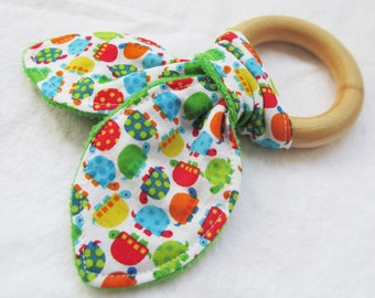 Natural Wooden Teether with Crinkles - Bitty Turtles in Primary - New Baby Girl Gift - Natural Teething