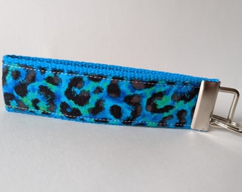 Key Fob Key Chain Wristlet in Teal & Green Cheetah print - designer fabric Keychain