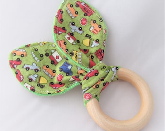 Natural Wooden Teether with Crinkles - Things that Go - Cars, Trucks, Police, Firetruck, Bus - New Baby Gift - Natural Teething