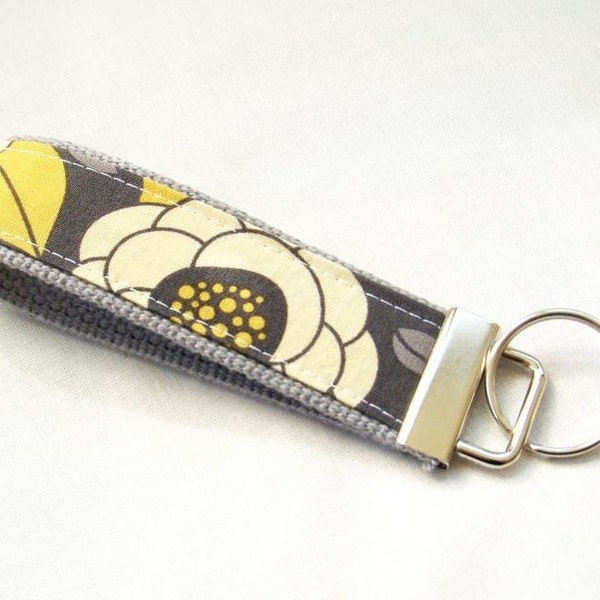 Wristlet Key Fob Key Chain in Aviary II - Bloom in Granite - Fabric Keychain