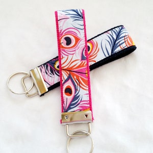 Keychain Wristlet Key fob - Peacock Feathers in Fuschia Orange Navy Blue - Choose Fuschia or Navy Webbing