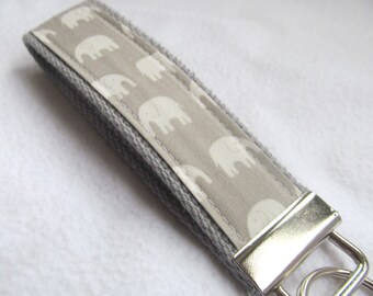 Wristlet Key Fob Key Chain - Tiny Kawaii Elephants on Grey