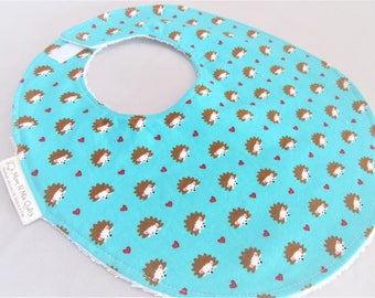 Baby Girl Bib - Toddler Girl Bib - Hedgehogs on Aqua - Designer Cotton Bib with Terry Cloth Backing