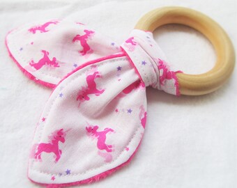 Natural Wooden Teether with Crinkles - Unicorns in Pink - New Baby Girl Gift - Natural Teething