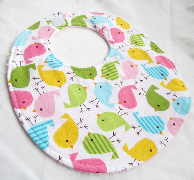 Baby Girl Bib  Birds in Spring  cotton bib with terry cloth image 0
