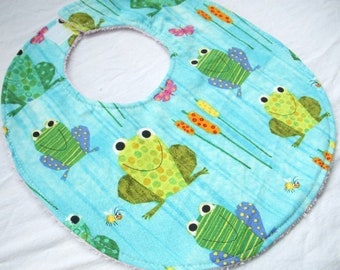 Baby Boy Bib - Aqua Frogs - Modern print baby bib, terry cloth backing, hook and loop closure