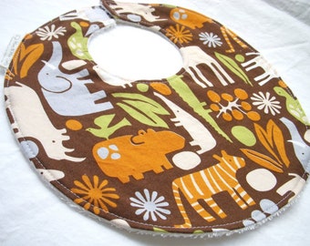 2D Zoo - Chocolate - Baby Boy Bib - Zoo Animals in orange brown green - Cotton bib with hook and loop closure