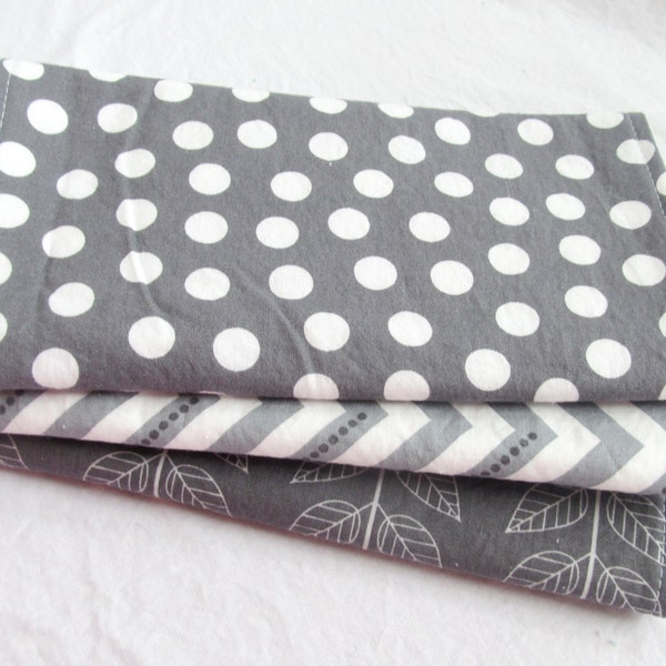 Burp Cloth Gift Set for Baby Girl or Baby Boy - Neutral Modern Essentials - Gray & White Trio - Set of 3 Burp Rags Chevron Dot Vine