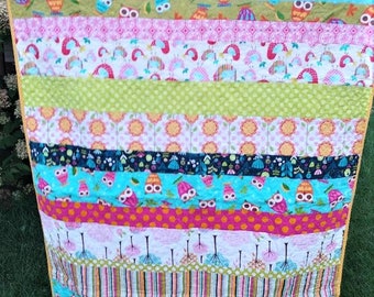 Bright Striped Owls and Forest Friends Baby or Toddler Girl Quilt - Modern Baby Nursery Decor - Heirloom Baby Toddler Crib Quilt - Woodland