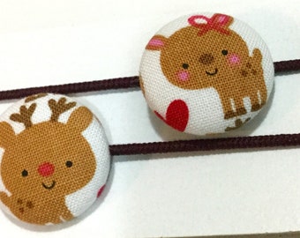 Ponytail holders - Reindeer - Great stocking stuffer - Winter Holiday Christmas ponytail holder - fabric covered button hair ties