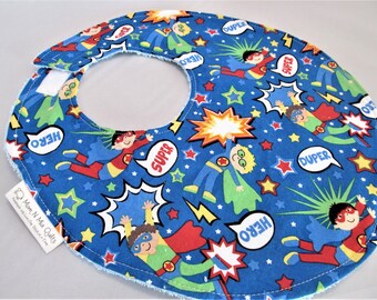 Baby Boy Bib - Toddler Bib - Super Duper Heros on Blue - Designer Cotton Bib with Terry Cloth Backing