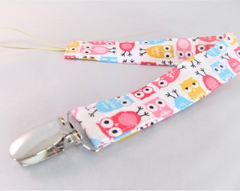 Universal Fabric Pacifier & Toy Clip - Mini Owls in Pink Aqua Yellow - Paci Clip, Toy Clip, Binky Clip, Baby Shower Gift