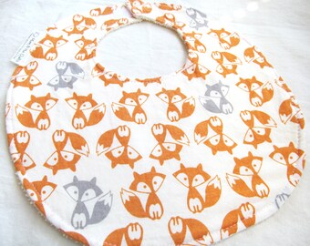 Baby Boy Bib or Baby Girl or Toddler Bib - Sweet  Fox - red/orange and gray foxes -  neutral cotton bib with terry cloth backing