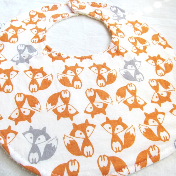 Baby Boy Bib or Baby Girl or Toddler Bib - Sweet  Fox - red/orange and gray foxes -  neutral cotton bib with terry cloth backing