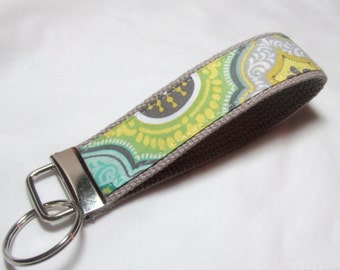 Wristlet Key Fob Key Chain - Oliva Flourish Damask - Fabric Keychain on Gray Ready to Ship