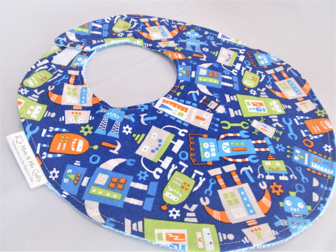 Baby Boy Bib Neutral Bib Robots Mechanical Friends on Blue Etsy