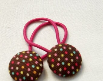 Chocolate Pindots - Ponytail holders - fabric covered button hair ties