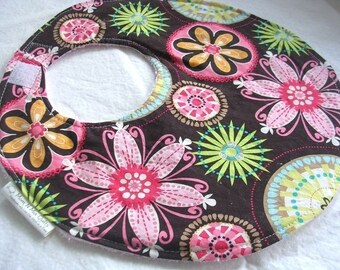 Carnival Bloom - Boutique Bib for Baby or Toddler Girl - pink terry cloth backing with snagfree velcro closure