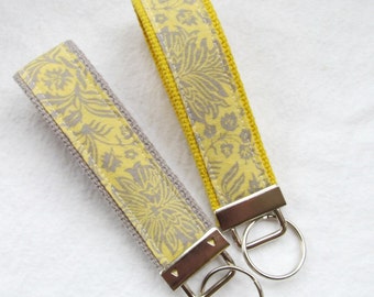 Wristlet Key Fob Key Chain in Grey & Yellow Floral Damask - Choose One in Your Choice of Yellow or Gray Webbing